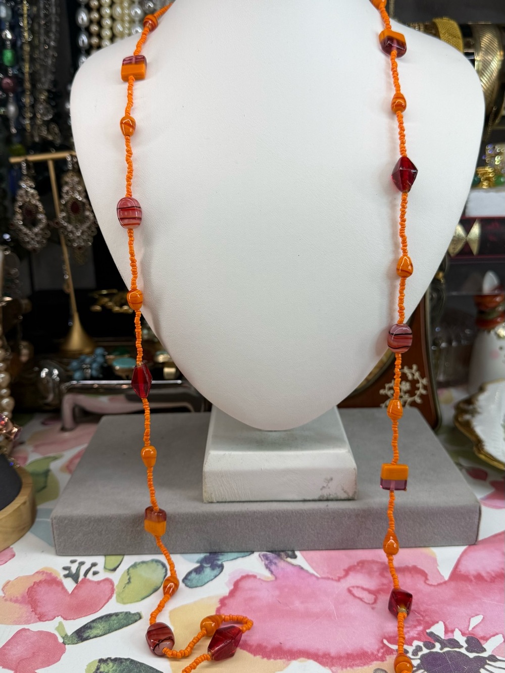 Vintage Artisan Handcrafted Orange & Red
Glass  Bead Necklace Extra Long